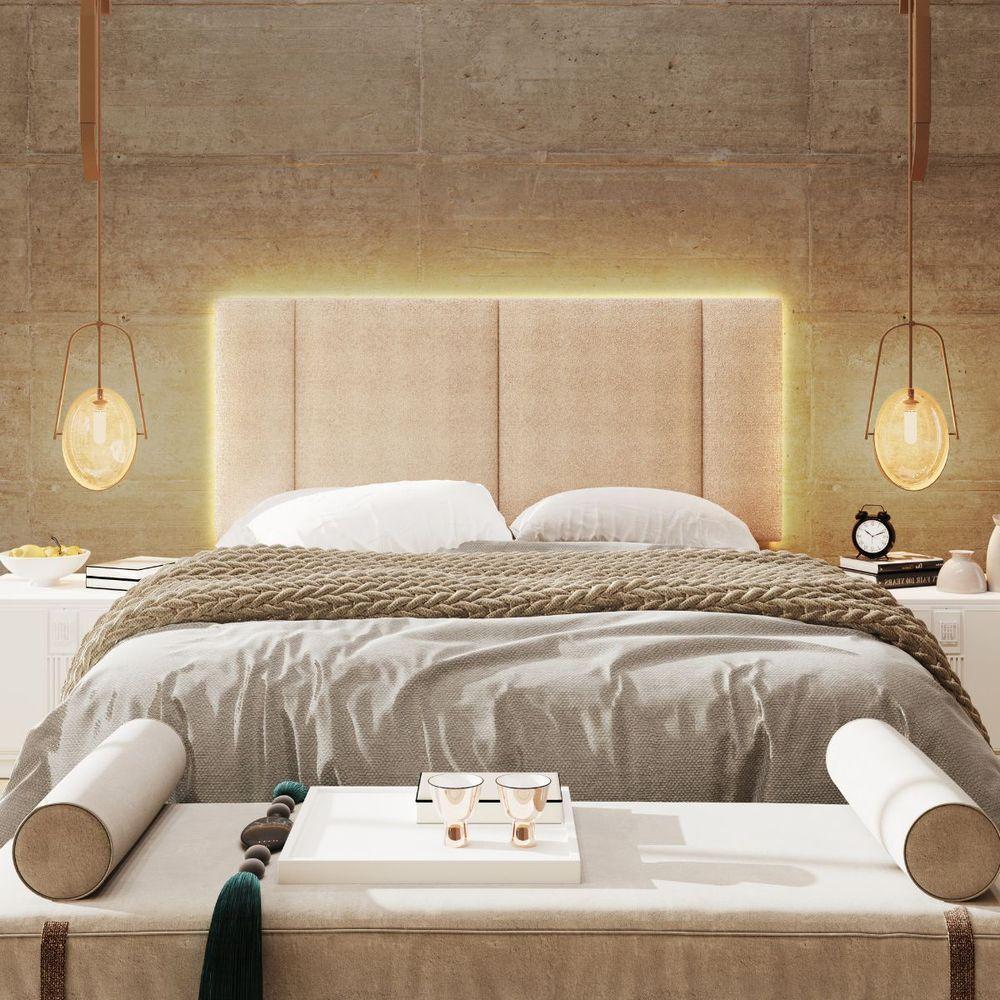 Cabeceira Estofada Cama Box Casal Com Led Moderna 140 Cm Cor:buclé Bege - 4