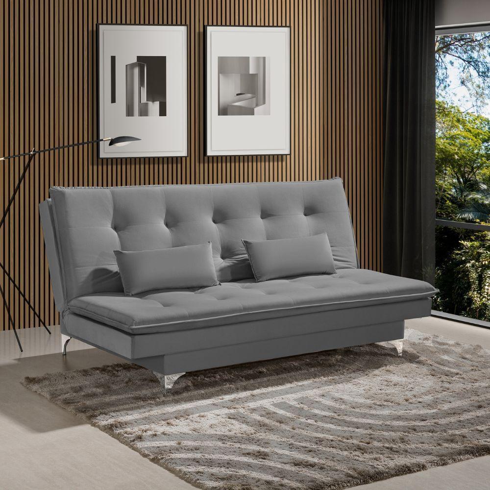 Sofá Cama Bangkok Costura Capitonê Moderna C Almofadas Cor cinza - 2