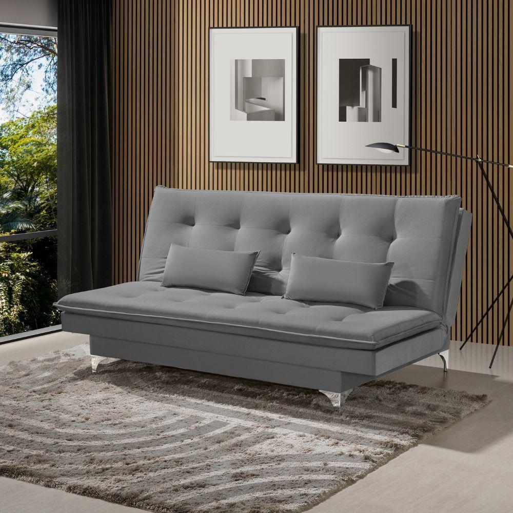 Sofá Cama Bangkok Costura Capitonê Moderna C Almofadas Cor cinza - 6