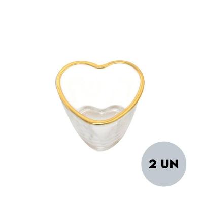 Kit 2 Copo De Shot Coração Vidro Com Borda Dourada 50ml Lyor