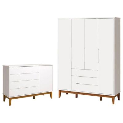 Cômoda com Porta e Guarda Roupa Infantil Classic Elfe 4 Gavetas MDF 135cm Branco Reller