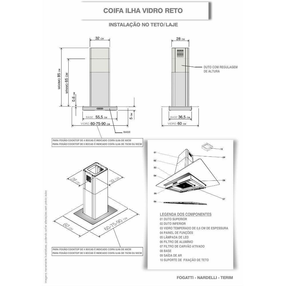 Coifa Ilha 60cm Vidro Reto Fogatti Inox 110v - 5