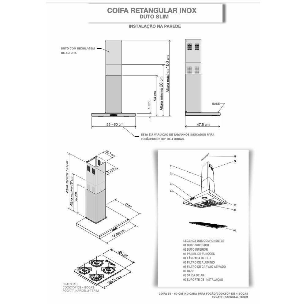 Coifa De Parede 60cm Retangular Duto Slim Fogatti Inox 220v - 4