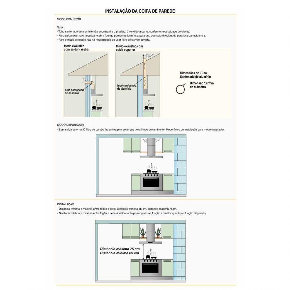 Coifa De Parede 90cm Retangular Duto Slim Fogatti Inox 220v - 3