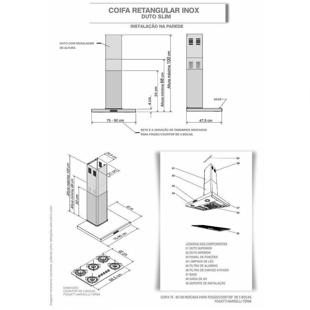 Coifa De Parede 90cm Retangular Duto Slim Fogatti Inox 220v - 4