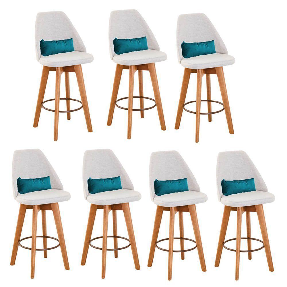 Kit 07 Banquetas Alta Maya Giratória Com Encosto Gourmet Linho Bege e Almofada Sintético Azul Turquesa - Aurora Line - 1