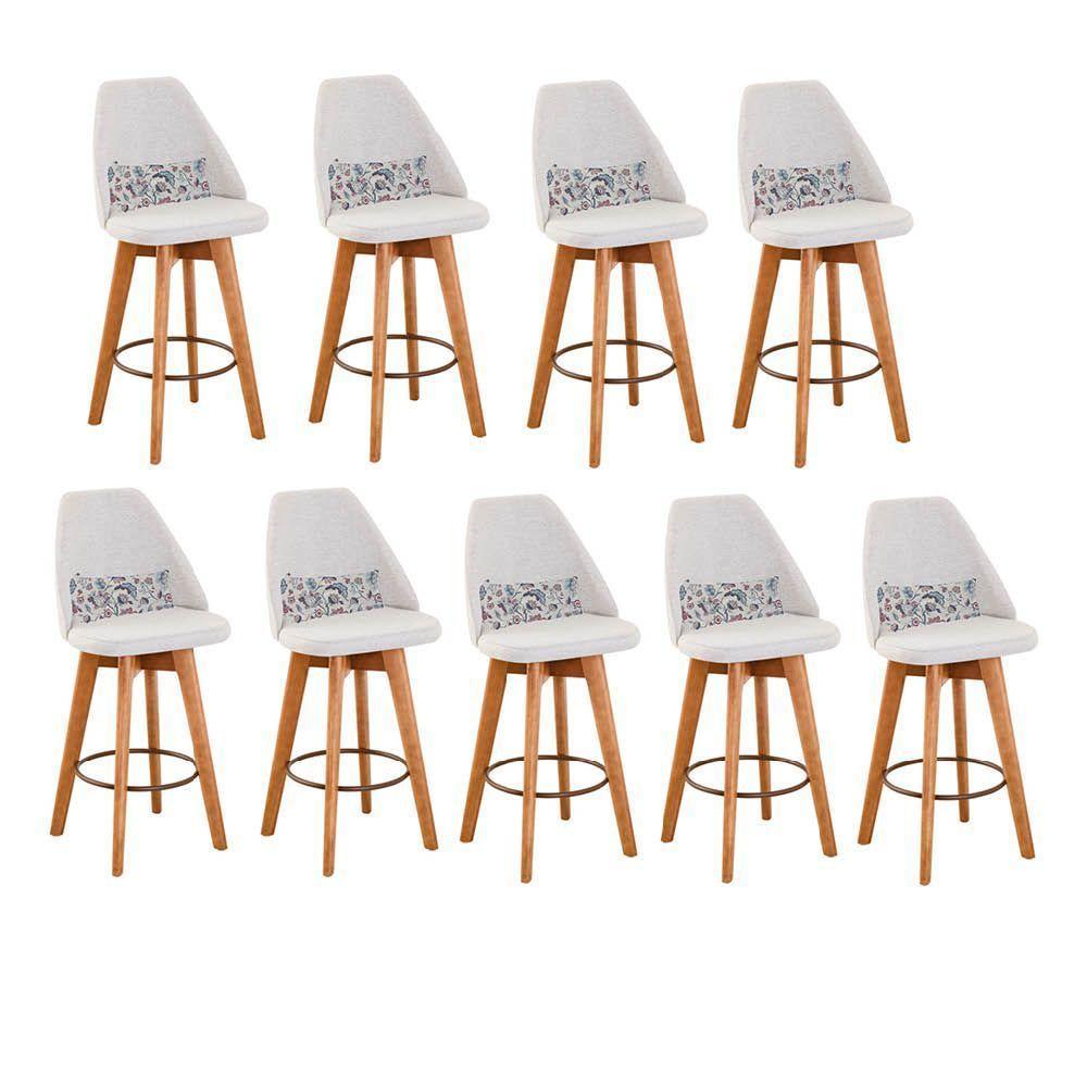 Kit 09 Banquetas Alta Maya Giratória Com Encosto Gourmet Linho Bege e Almofada Flores - Aurora Line - 1