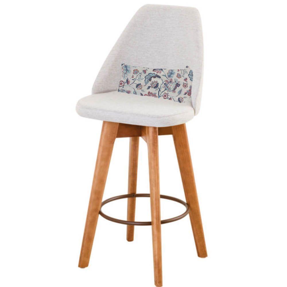 Kit 09 Banquetas Alta Maya Giratória Com Encosto Gourmet Linho Bege e Almofada Flores - Aurora Line - 3