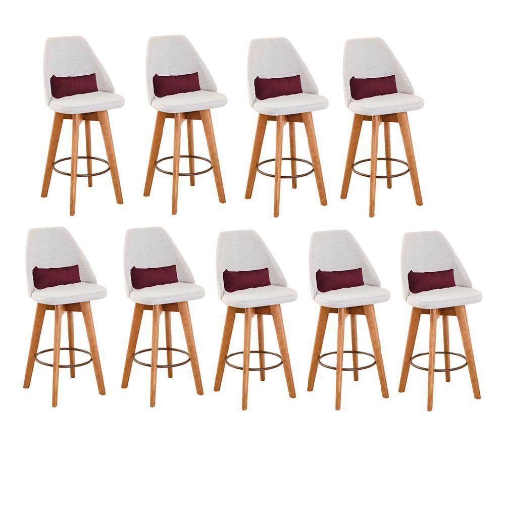 Kit 09 Banquetas Alta Maya Giratória Com Encosto Gourmet Linho Bege e Almofada Suede Bordô - Aurora Line - 1