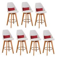 Kit 07 Banquetas Alta Maya Giratória Com Encosto Linho Bege Claro e Almofada Sintético Vermelho - Aurora Line - 1