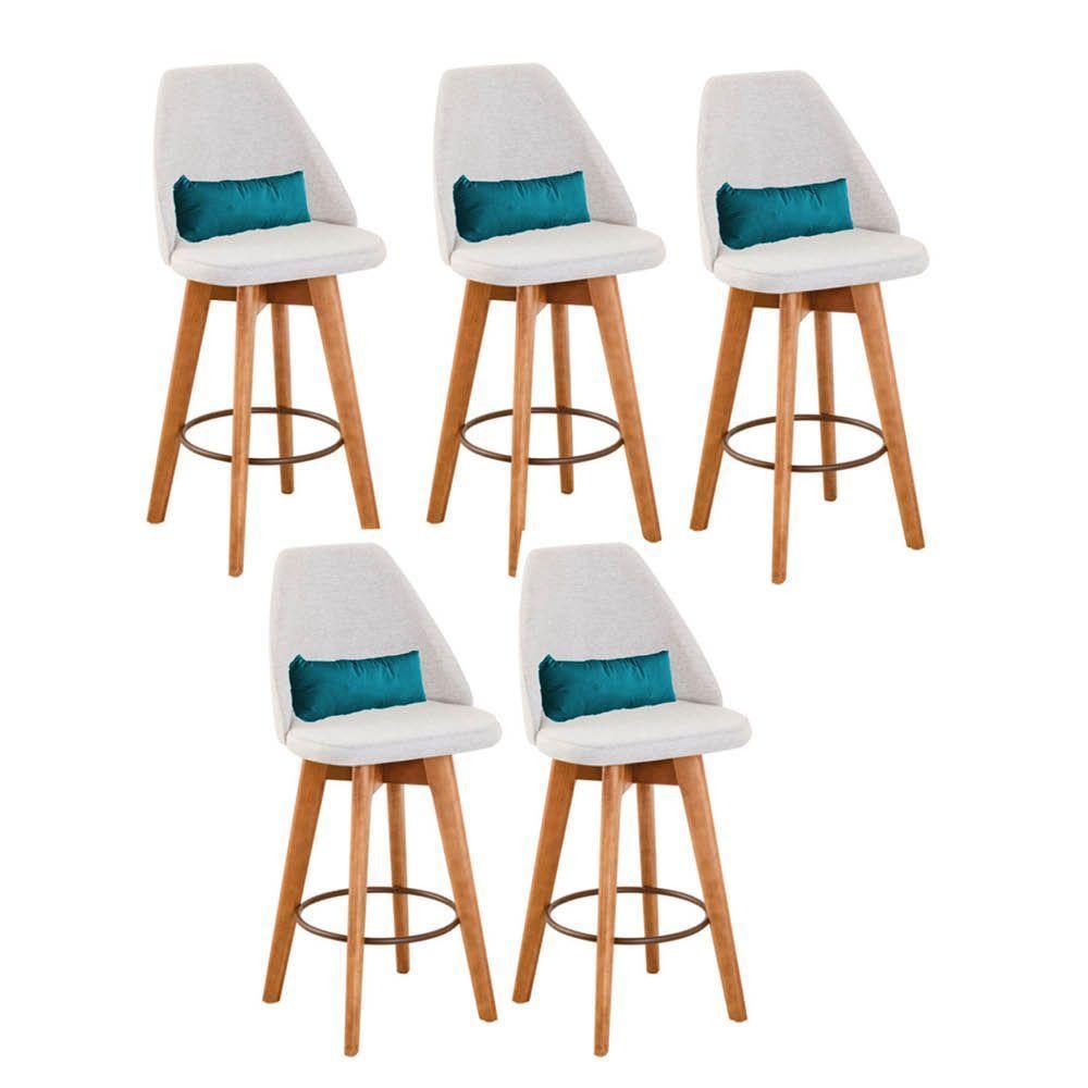 Kit 05 Banquetas Alta Maya Giratória Com Encosto Gourmet Linho Bege e Almofada Suede Azul Turquesa - Aurora Line - 1