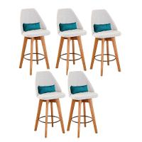 Kit 05 Banquetas Alta Maya Giratória Com Encosto Gourmet Linho Bege e Almofada Suede Azul Turquesa - Aurora Line - 1