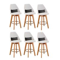 Kit 06 Banquetas Alta Maya Giratória Com Encosto Gourmet Linho Bege e Almofada Corino Cinza - Aurora Line - 1