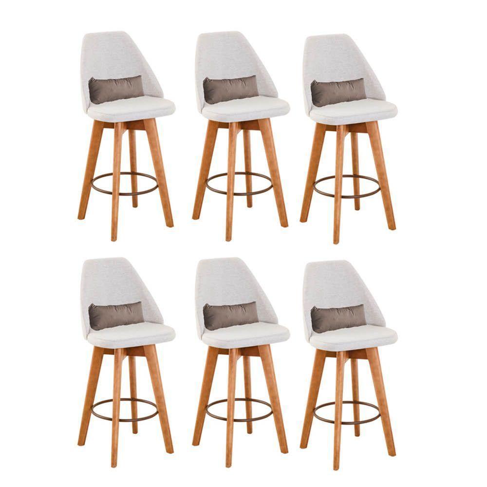 Kit 06 Banquetas Alta Maya Giratória Com Encosto Gourmet Linho Bege e Almofada Suede Bege - Aurora Line - 1