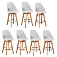 Kit 07 Banquetas Alta Maya Giratória Com Encosto Gourmet Linho Bege e Almofada Suede Branco - Aurora Line - 1