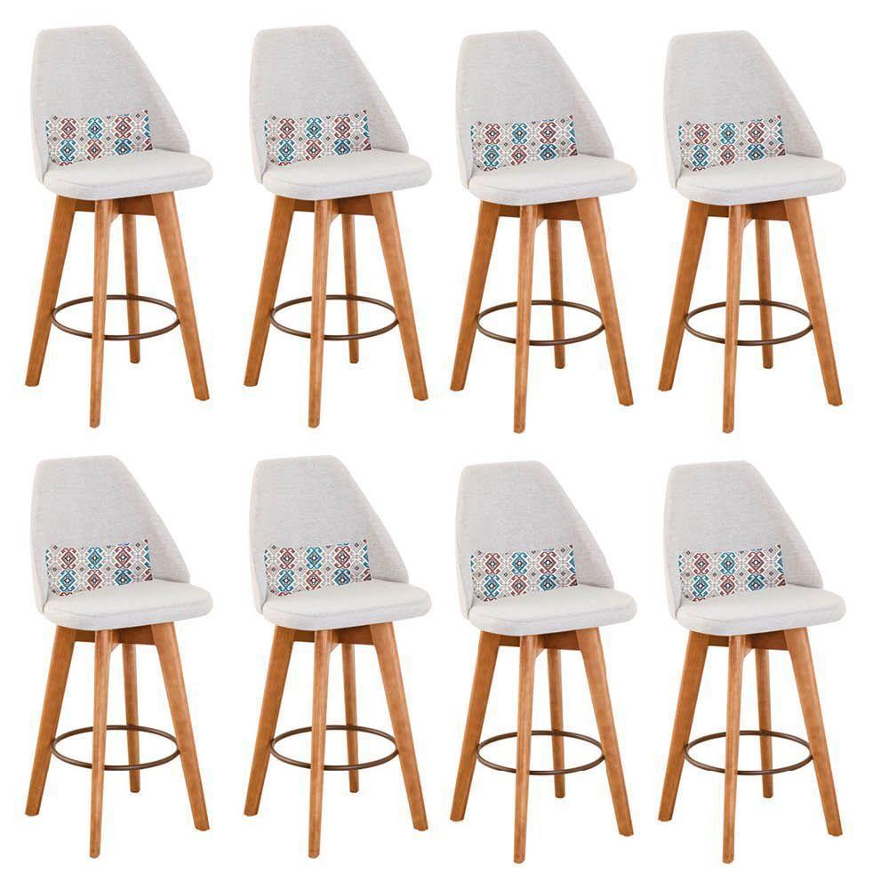 Kit 08 Banquetas Alta Maya Giratória Com Encosto Linho Bege Claro e Almofada Mosaico - Aurora Line - 1