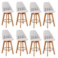 Kit 08 Banquetas Alta Maya Giratória Com Encosto Linho Bege Claro e Almofada Mosaico - Aurora Line - 1