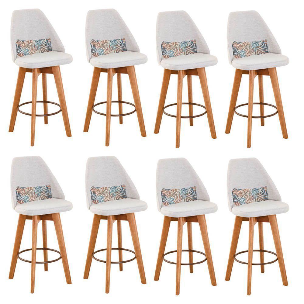 Kit 08 Banquetas Alta Maya Giratória Com Encosto Linho Bege Claro e Almofada Folhas - Aurora Line - 1