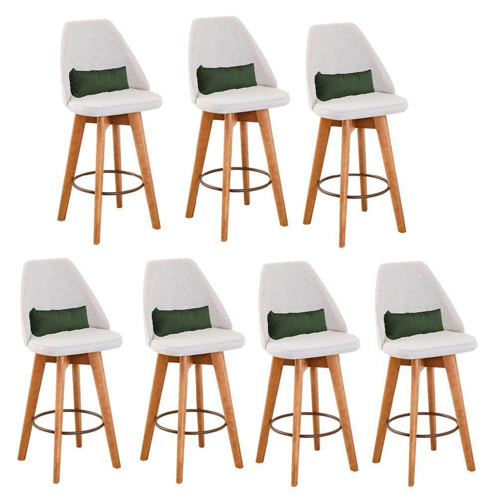 Kit 07 Banquetas Alta Maya Giratória Com Encosto Linho Bege Claro e Almofada Suede Verde Musgo - Aurora Line - 1