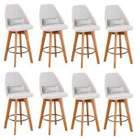 Kit 08 Banquetas Alta Maya Giratória Com Encosto Gourmet Linho Bege e Almofada Suede Branco - Aurora Line - 1