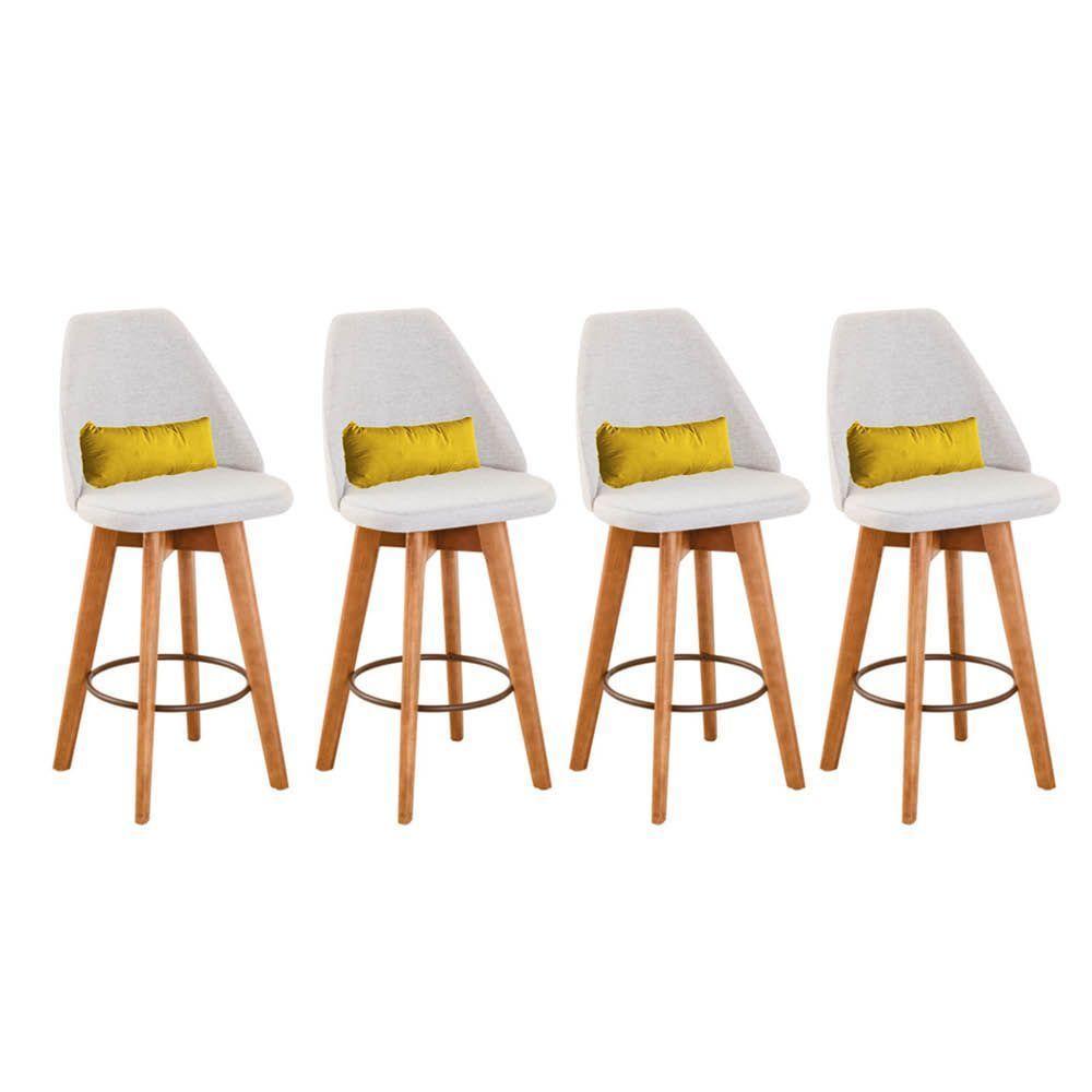 Kit 04 Banquetas Alta Maya Giratória Com Encosto Gourmet Linho Bege e Almofada Suede Amarelo - Aurora Line - 1