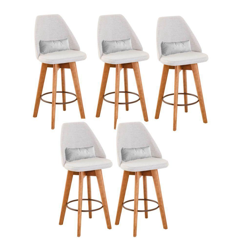 Kit 05 Banquetas Alta Maya Giratória Com Encosto Linho Bege Claro e Almofada Suede Branco - Aurora Line - 1