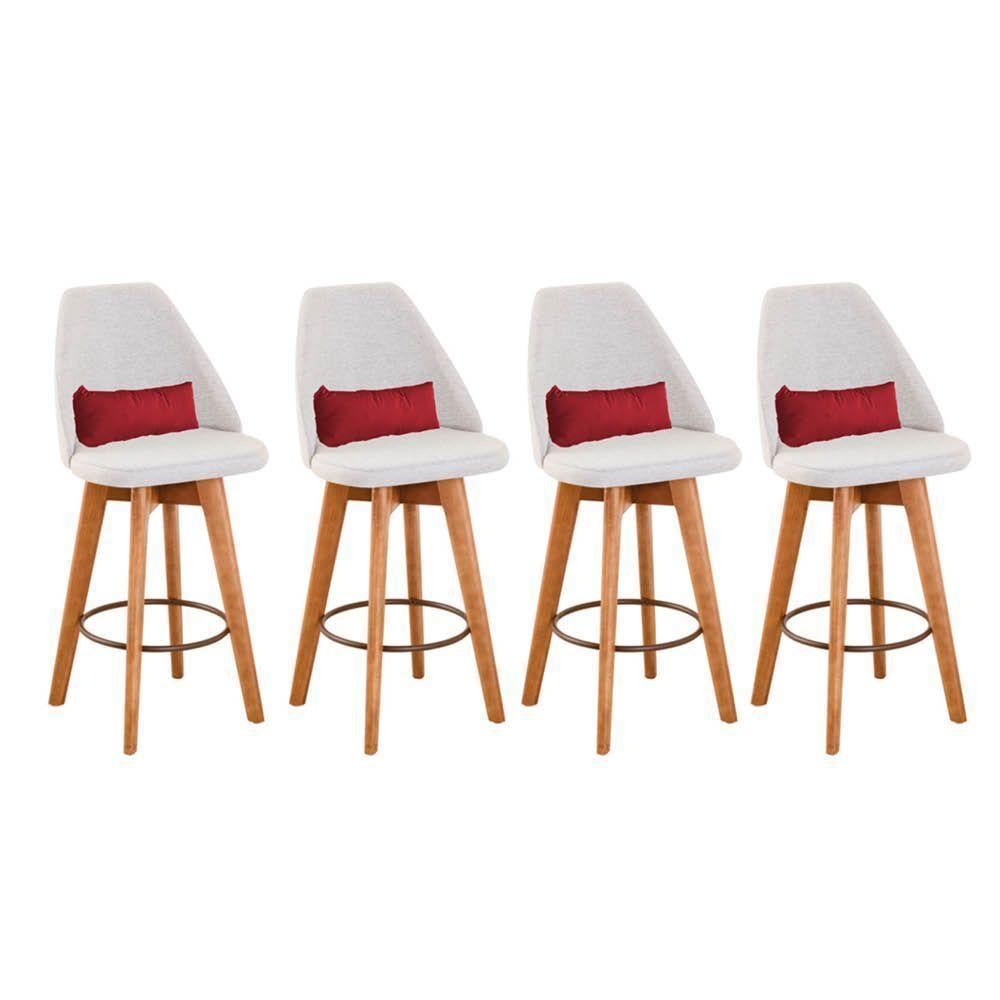 Kit 04 Banquetas Alta Maya Giratória Com Encosto Gourmet Linho Bege e Almofada Suede Vermelho - Aurora Line - 1