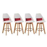 Kit 04 Banquetas Alta Maya Giratória Com Encosto Gourmet Linho Bege e Almofada Suede Vermelho - Aurora Line - 1