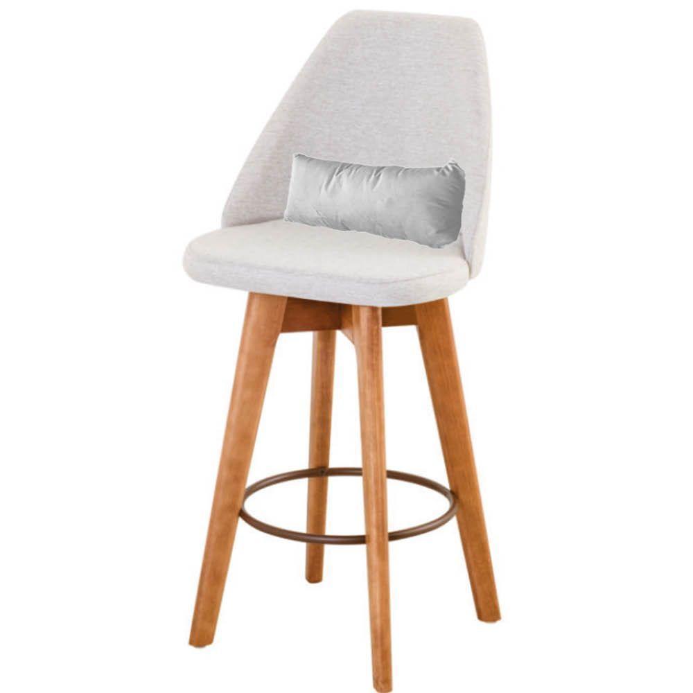 Kit 05 Banquetas Alta Maya Giratória Com Encosto Gourmet Linho Bege e Almofada Suede Branco - Aurora Line - 3