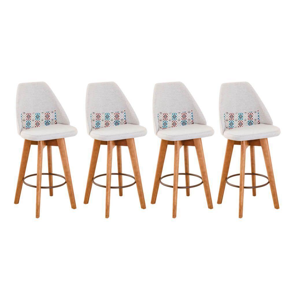 Kit 04 Banquetas Alta Maya Giratória Com Encosto Linho Bege Claro e Almofada Mosaico - Aurora Line - 1