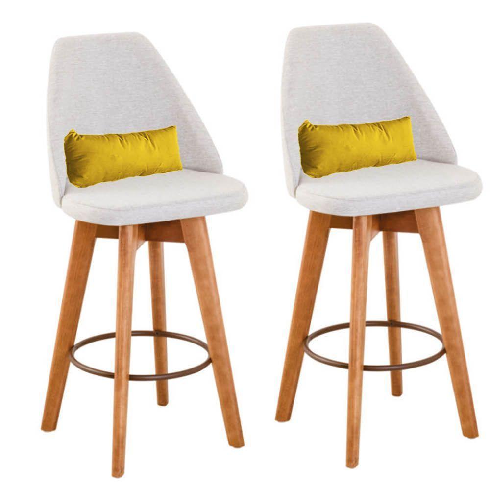 Kit 02 Banquetas Alta Maya Giratória Com Encosto Gourmet Linho Bege e Almofada Suede Amarelo - Aurora Line - 1