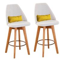 Kit 02 Banquetas Alta Maya Giratória Com Encosto Gourmet Linho Bege e Almofada Suede Amarelo - Aurora Line - 1