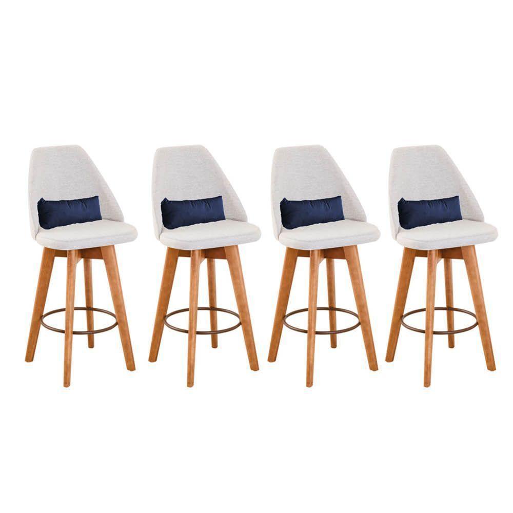 Kit 04 Banquetas Alta Maya Giratória Com Encosto Gourmet Linho Bege e Almofada Suede Azul Marinho - Aurora Line - 1