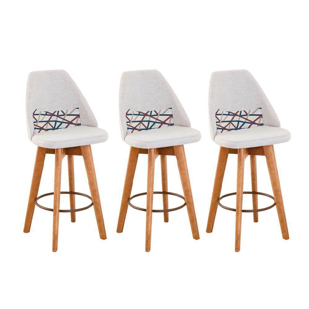 Kit 03 Banquetas Alta Maya Giratória Com Encosto Gourmet Linho Bege e Almofada Linhas Coloridas - Aurora Line - 1