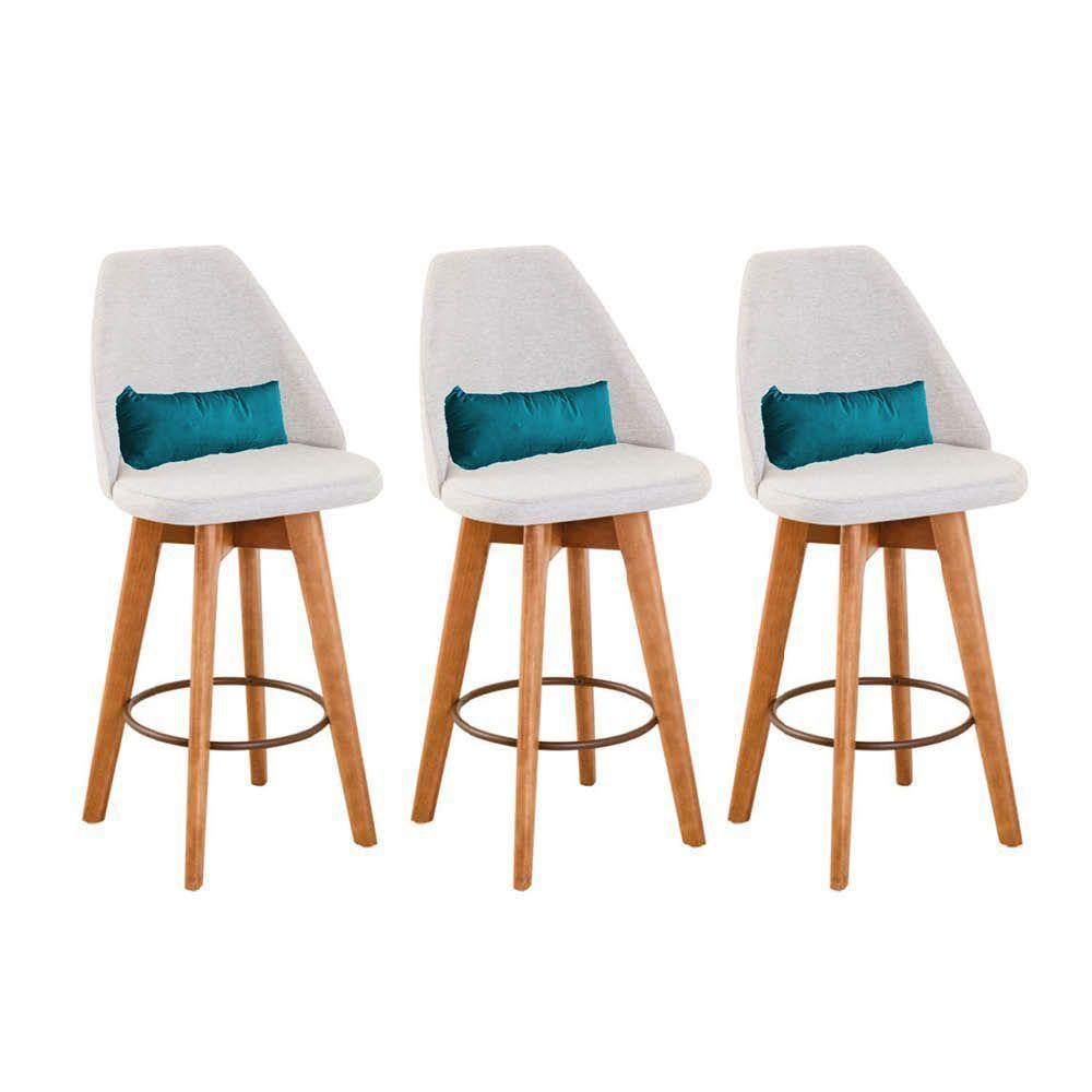 Kit 03 Banquetas Alta Maya Giratória Com Encosto Linho Bege Claro e Almofada Suede Azul Turquesa - Aurora Line - 1