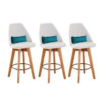 Kit 03 Banquetas Alta Maya Giratória Com Encosto Linho Bege Claro e Almofada Suede Azul Turquesa - Aurora Line - 1