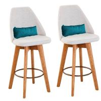 Kit 02 Banquetas Alta Maya Giratória Com Encosto Linho Bege Claro e Almofada Suede Azul Turquesa - Aurora Line - 1