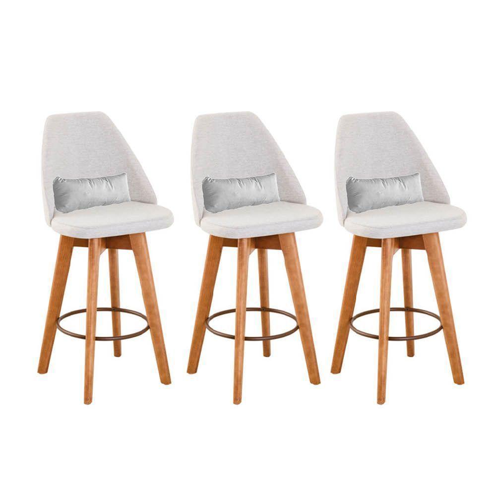 Kit 03 Banquetas Alta Maya Giratória Com Encosto Gourmet Linho Bege e Almofada Suede Branco - Aurora Line - 1