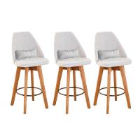 Kit 03 Banquetas Alta Maya Giratória Com Encosto Gourmet Linho Bege e Almofada Suede Branco - Aurora Line - 1