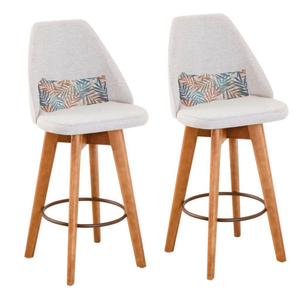 Kit 02 Banquetas Alta Maya Giratória Com Encosto Gourmet Linho Bege e Almofada Folhas - Aurora Line - 1