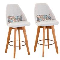 Kit 02 Banquetas Alta Maya Giratória Com Encosto Gourmet Linho Bege e Almofada Folhas - Aurora Line - 1