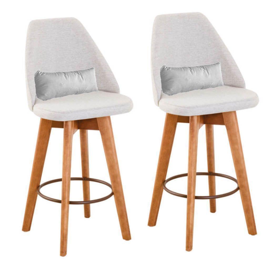 Kit 02 Banquetas Alta Maya Giratória Com Encosto Gourmet Linho Bege e Almofada Suede Branco - Aurora Line - 1