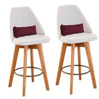 Kit 02 Banquetas Alta Maya Giratória Com Encosto Gourmet Linho Bege e Almofada Suede Bordô - Aurora Line - 1