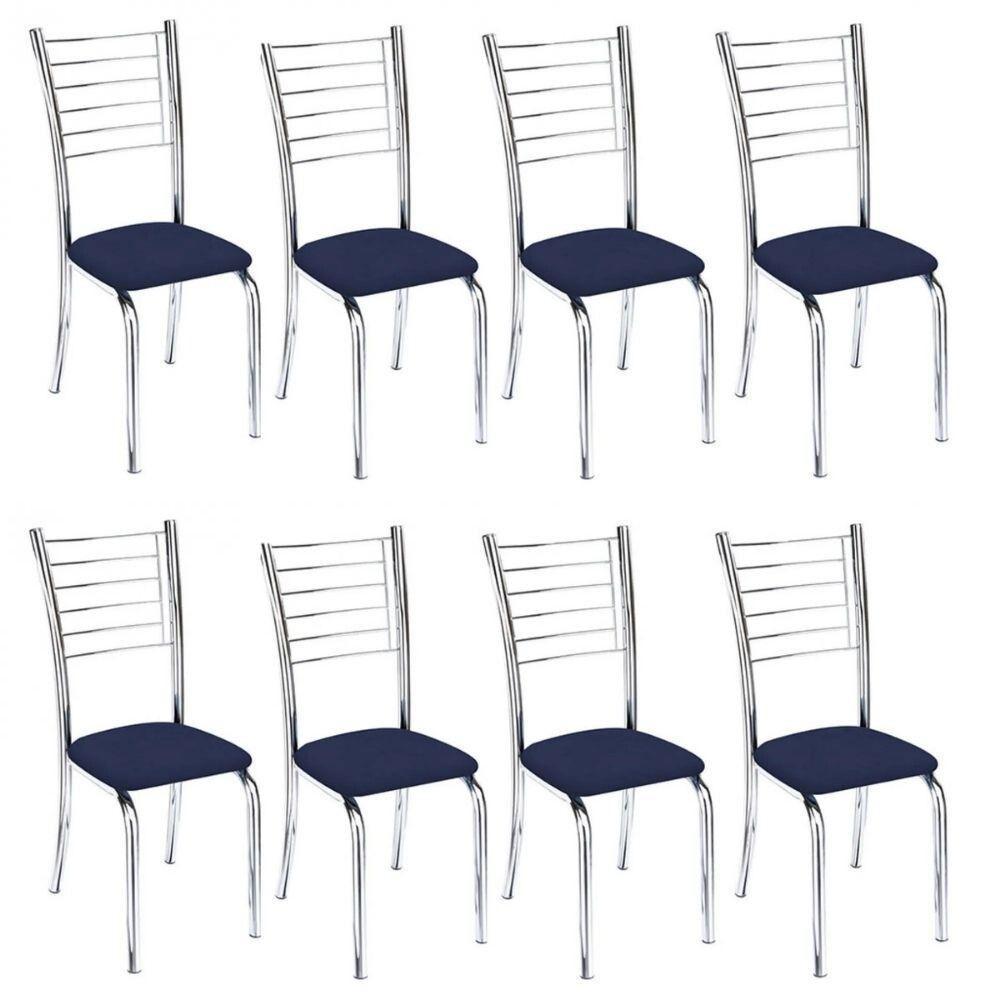 Kit 8 Cadeiras De Jantar Lara Cromada Para Cozinha Assento Corino Azul Marinho - Aurora Line - 1
