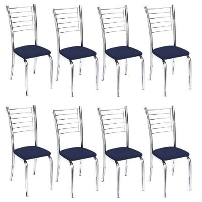 Kit 8 Cadeiras De Jantar Lara Cromada Para Cozinha Assento Corino Azul Marinho - Aurora Line