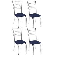 Kit 4 Cadeiras De Jantar Lara Cromada Para Cozinha Assento Corino Azul Marinho - Aurora Line - 1