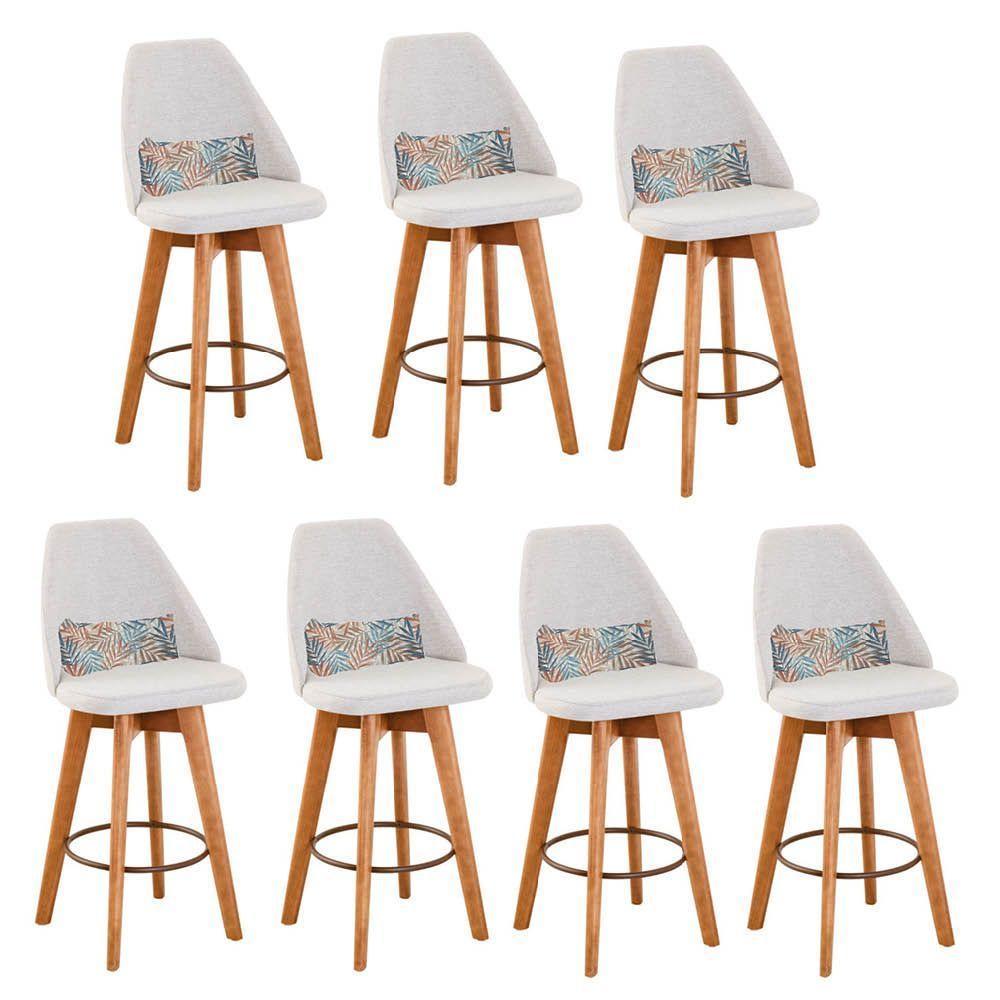 Kit 07 Banquetas Alta Maya Giratória Com Encosto Gourmet Linho Bege e Almofada Folhas - Aurora Line - 1