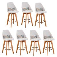 Kit 07 Banquetas Alta Maya Giratória Com Encosto Gourmet Linho Bege e Almofada Folhas - Aurora Line - 1