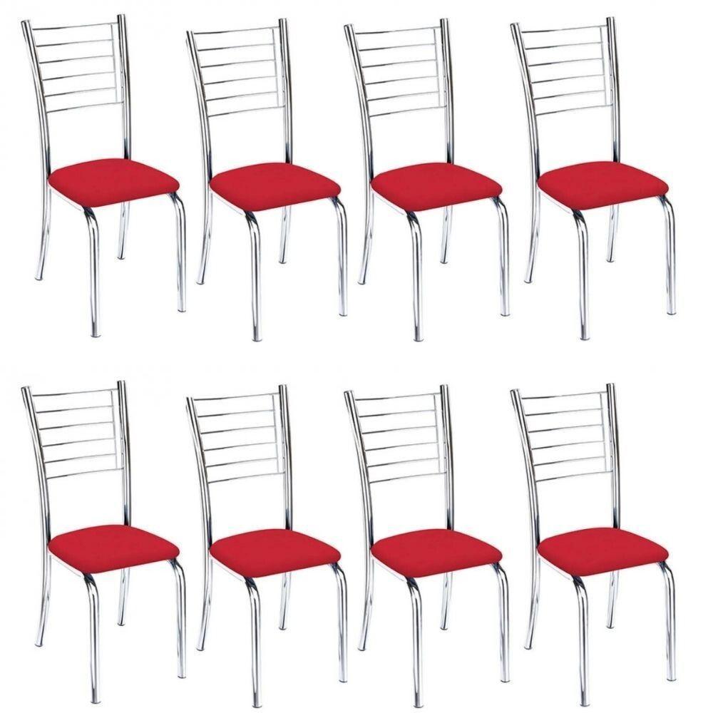 Kit 8 Cadeiras De Jantar Lara Cromada Para Cozinha Assento Corino Vermelho - Aurora Line - 1