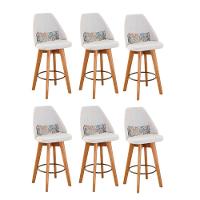 Kit 06 Banquetas Alta Maya Giratória Com Encosto Linho Bege Claro e Almofada Folhas - Aurora Line - 1